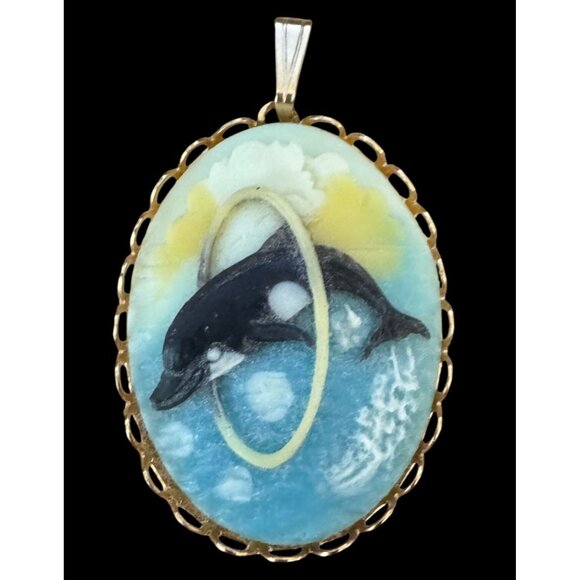 Cameo Pendant Dolphin Jumping Hoops Oval Multicolor Shell Goldtone Frame 1 1/2" - Picture 1 of 7